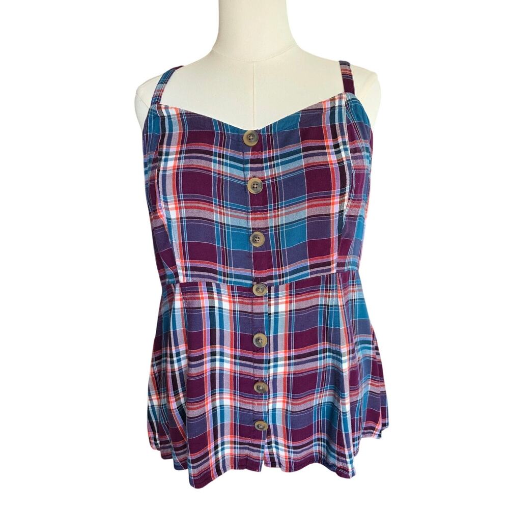 Torrid Plaid Babydoll Tank Top Plus Size 2 Purple Blue Button Front Cami